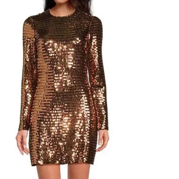 Gianni Bini Dresses & Skirts - NWT Gianni Bini Gold Maze DRS Celeste Sequin Crew Neck Long Sleeve Dress Size 2